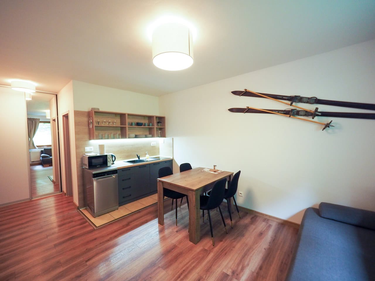 Kuchyňa a jedálenská časť apartmánu s jednou spálňou